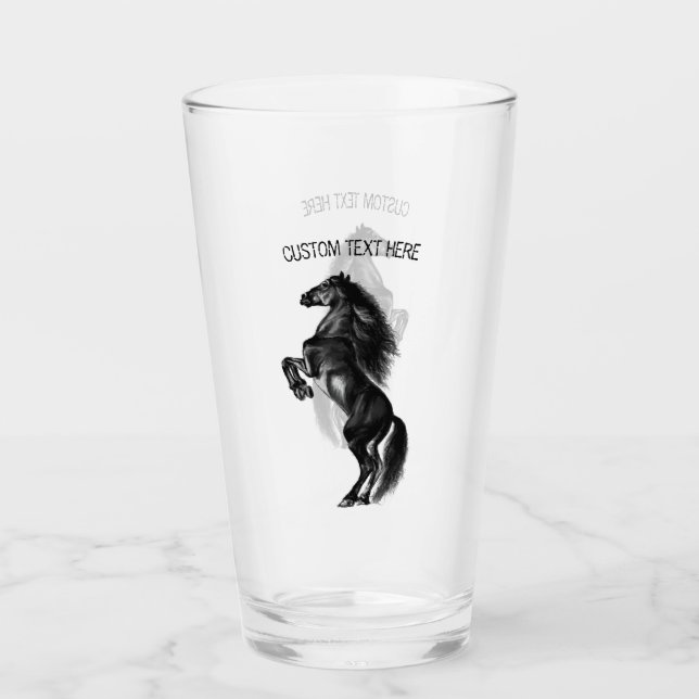 Upright Black Wild Horse - Drawing - Add Your Text Glass (Front)