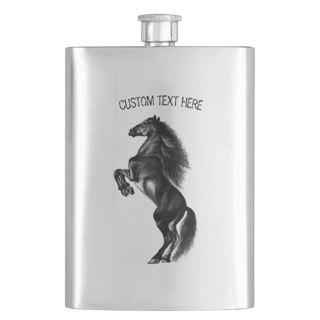 Upright Black Wild Horse Drawing - Add Your Text  Hip Flask (Front)