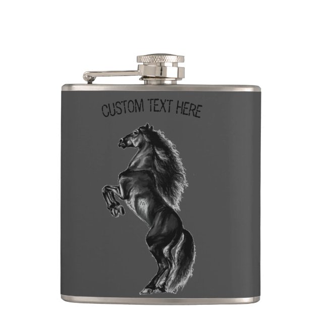 Upright Black Wild Horse - Drawing - Add Your Text Hip Flask (Front)