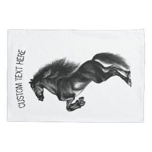 Upright Black Wild Horse - Drawing - Add Your Text Pillowcase