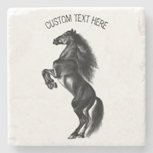 Upright Black Wild Horse - Drawing - Add Your Text Stone Coaster