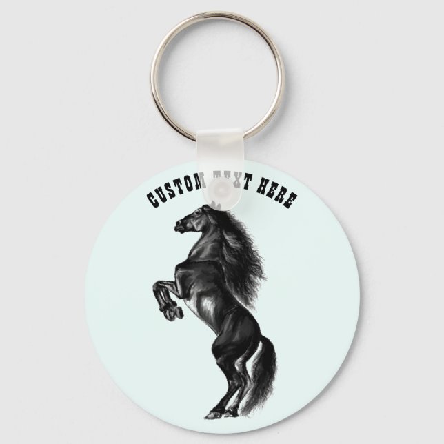 Upright Black Wild Horse Keychain - Custom Text (Front)