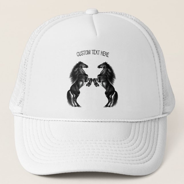 Upright Black Wild Horse Trucker Hat Custom Text (Front)