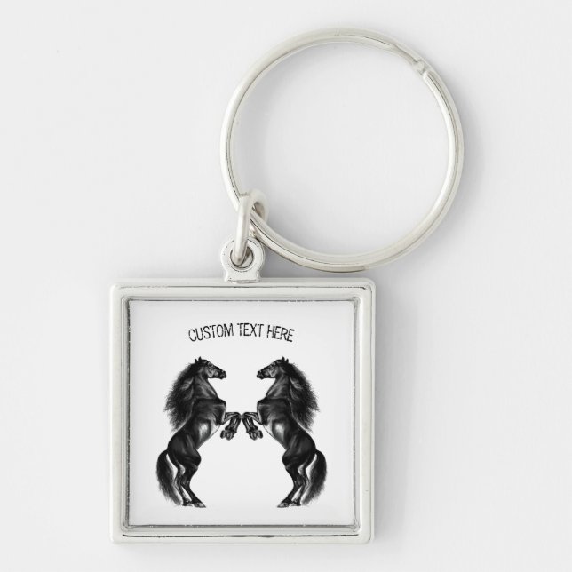 Upright Black Wild Horses - Add Your Text / Colour Key Ring (Front)