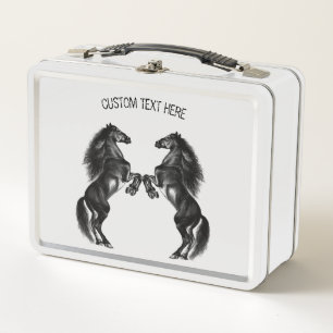 Upright Black Wild Horses - Add Your Text / Colour Metal Lunch Box