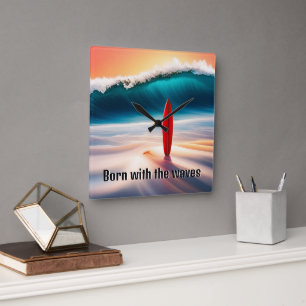 Upright Surfboard in Sand with Wave Square Wall Clock