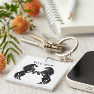 Upright Wild Horses Keychain Gift with Custom Text