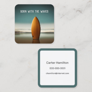 Upright Wooden Surfboard On Ocean Beach Square Business Card