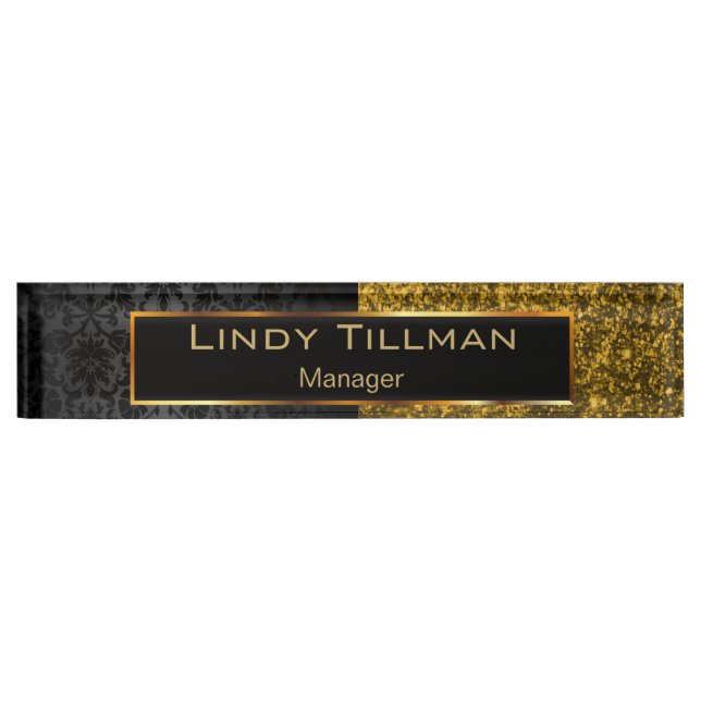Upscale Dark Gold Glitter and Black Damask Nameplate (Front)