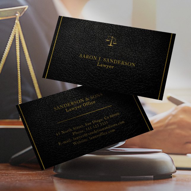 Upscale faux black leather gold typography lawyer business card (Creator Uploaded)