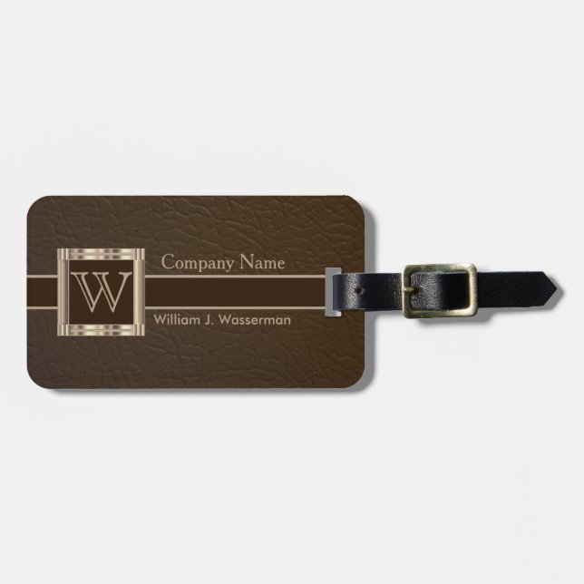 Upscale Monogram Chocolate Leather Luggage Tag (Front Horizontal)