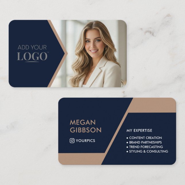 Upscale Navy Blue & Gold Geometric Business Card (Front/Back)