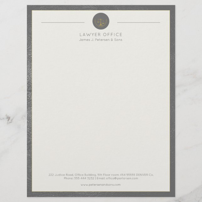 Upscale office grey leather look and gold lawyer custom letterhead (Front)