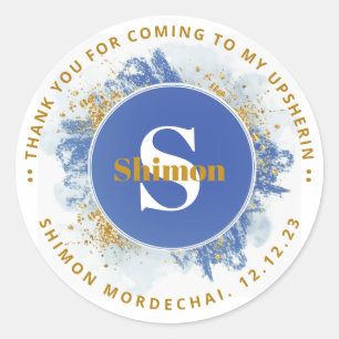 Upsherin Thank You Initial RYL Watercolor Glitter  Classic Round Sticker