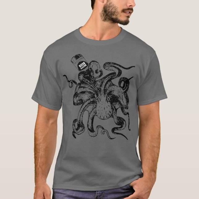 Upside Down Octopus Drinking Craft Beer T-Shirt (Front)