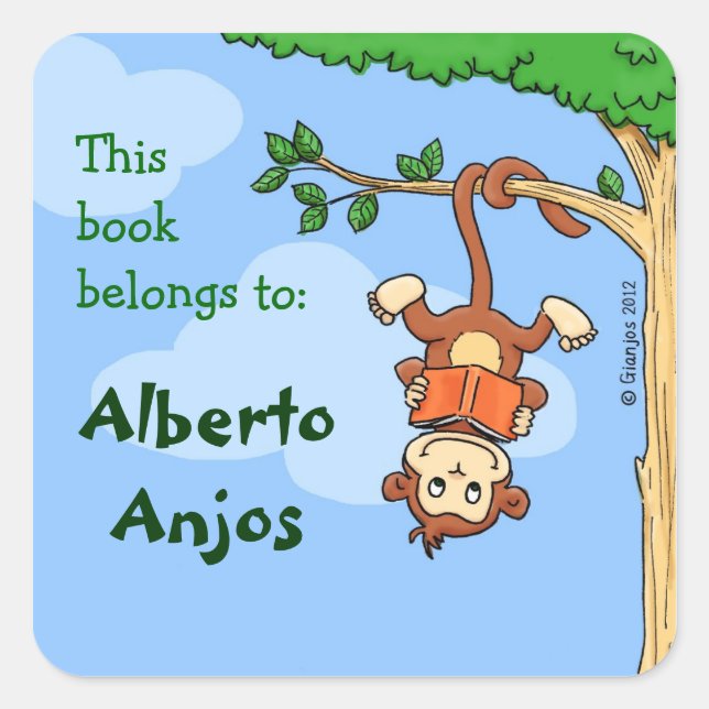 Upside Monkey / funny booklabel for kids Square Sticker (Front)