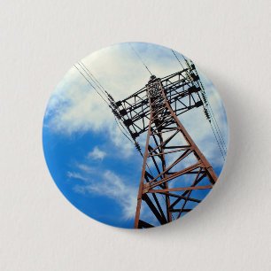 Upward view diagonally to the power line and pylon 6 cm round badge