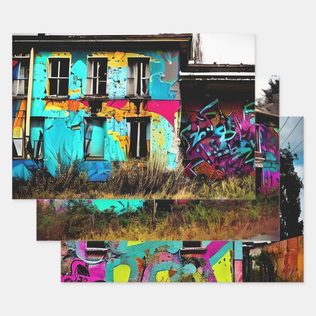 Urban Art Abandoned Graffiti Building   Wrapping Paper Sheet (Set)