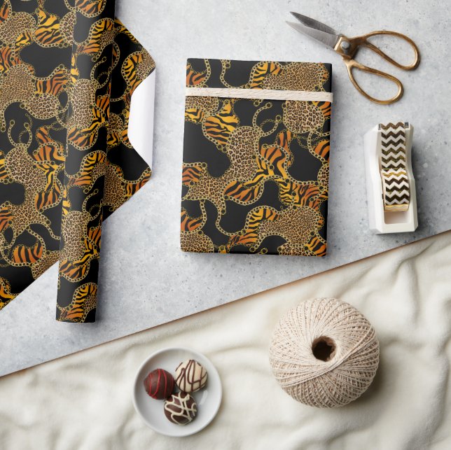 Urban Baroque Gold Chains Animal Print Wrapping Paper (Crafts)