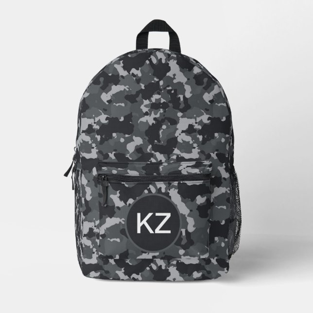 Urban Black Grey Camouflage Camo Initials Printed Backpack (Front)