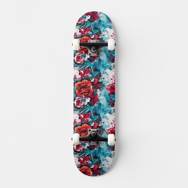 Urban Bloom: Red & Blue Rose Graffiti Skateboard (Front)