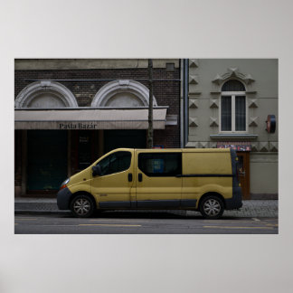 Urban Contrast: Yellow Van on Budapest City Street Poster