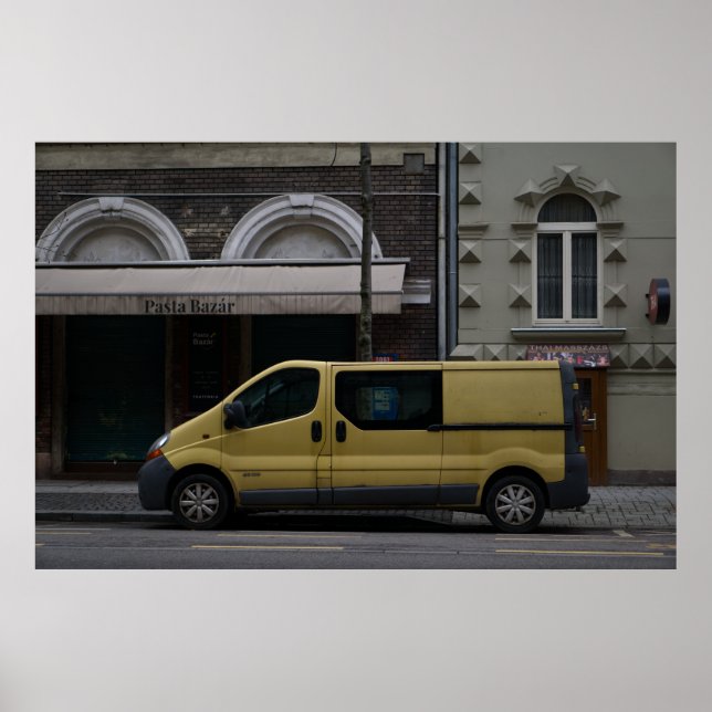 Urban Contrast: Yellow Van on Budapest City Street Poster (Front)