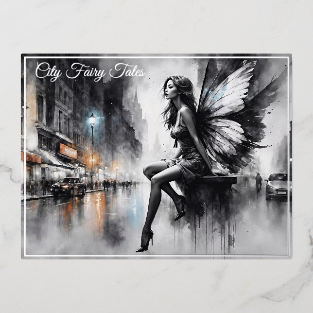 Urban dark fairy fantasy futuristic gothic city  foil holiday postcard (Front)