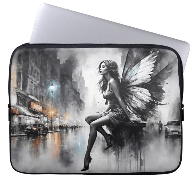Urban dark fairy fantasy futuristic gothic city laptop sleeve (Front)