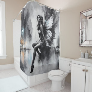 Urban dark fairy fantasy futuristic gothic city shower curtain