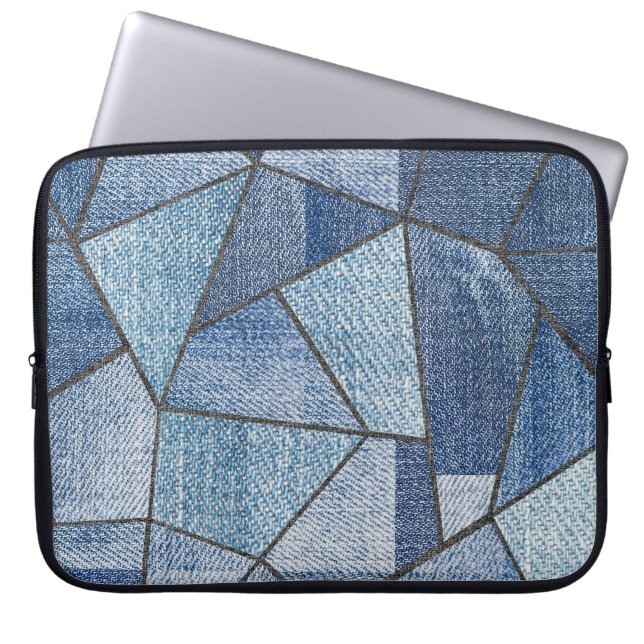 Urban Denim: Distressed Patchwork Design Laptop Sleeve (Front)