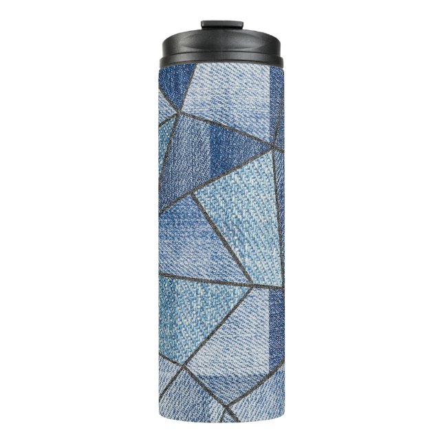 Urban Denim: Distressed Patchwork Design Thermal Tumbler (Front)