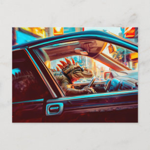 Urban Dino Driving Through Neon City Holiday Postcard