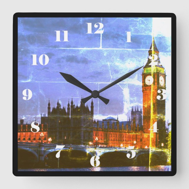 Urban distressed photo of big ben at night, London Square Wall Clock (Front)