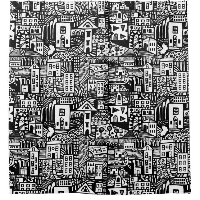 Urban Dream - Black on White Shower Curtain (Front)