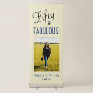 Urban Ecru Retro Script 50th Birthday Photo Retractable Banner