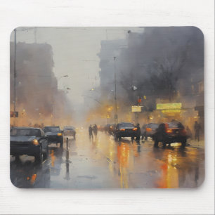 Urban Evening Rain Scene Mouse Mat