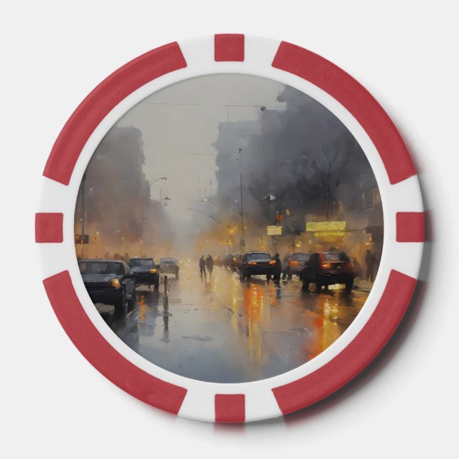 Urban Evening Rain Scene Poker Chips (Front)