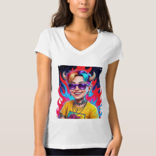 Urban Fantasy Rebel – Neon Punk Portrait  T-Shirt