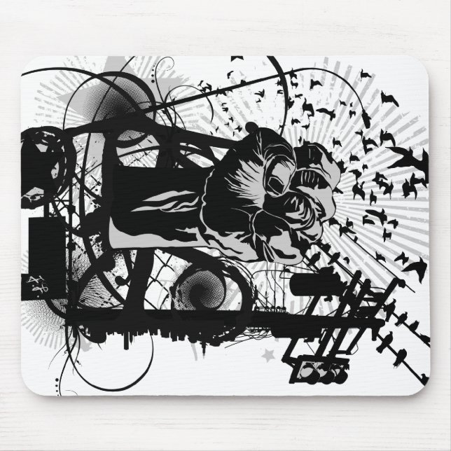 Urban Fist with crows and wires illustration. Mouse Mat (Front)