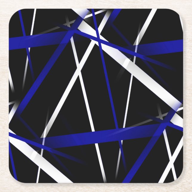  Urban Geometry Black White Royal-Blue Square Paper Coaster (Front)