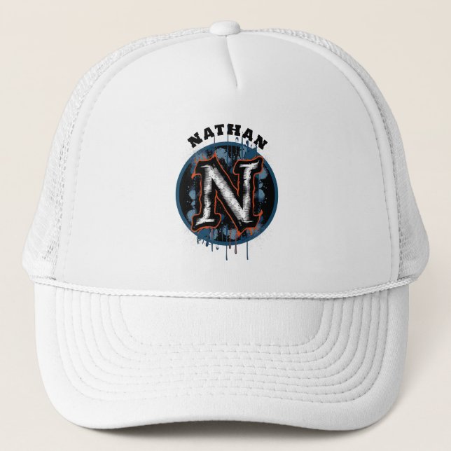 Urban Graffiti Graphic Customisable Monogram "N" Trucker Hat (Front)