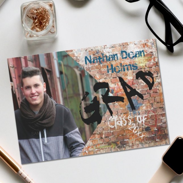 Urban Graffiti on Red Brick Graduation Photo Invitation (Creator Uploaded)