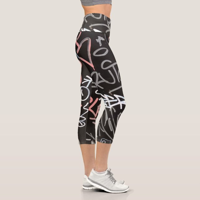 Urban Graffiti Pink, Grey & Black Style Capri Leggings (Right)