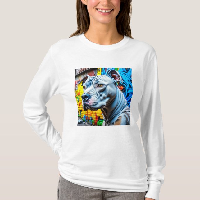 Urban Graffiti Street Art White Pitbull Lover T-Shirt (Front)