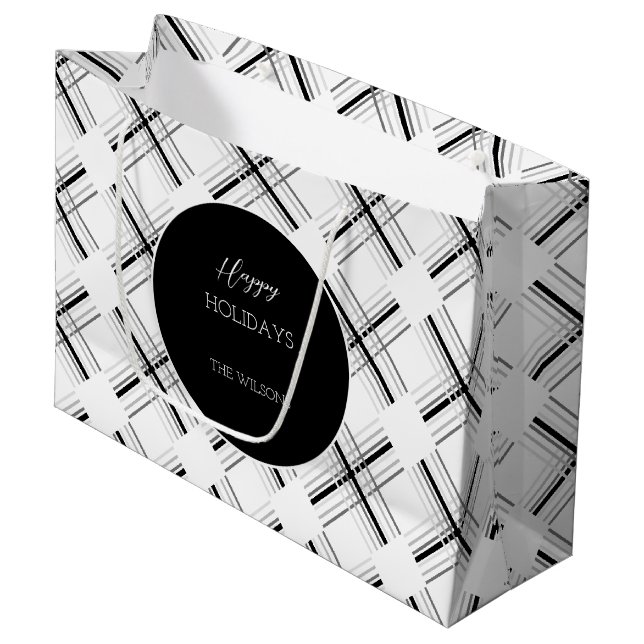 Urban Grey Tartan Pattern With Black Geometry Large Gift Bag (Front Angled)