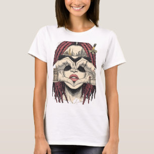 Urban Heart Vision: Pink Dreads, City Skyline, and T-Shirt