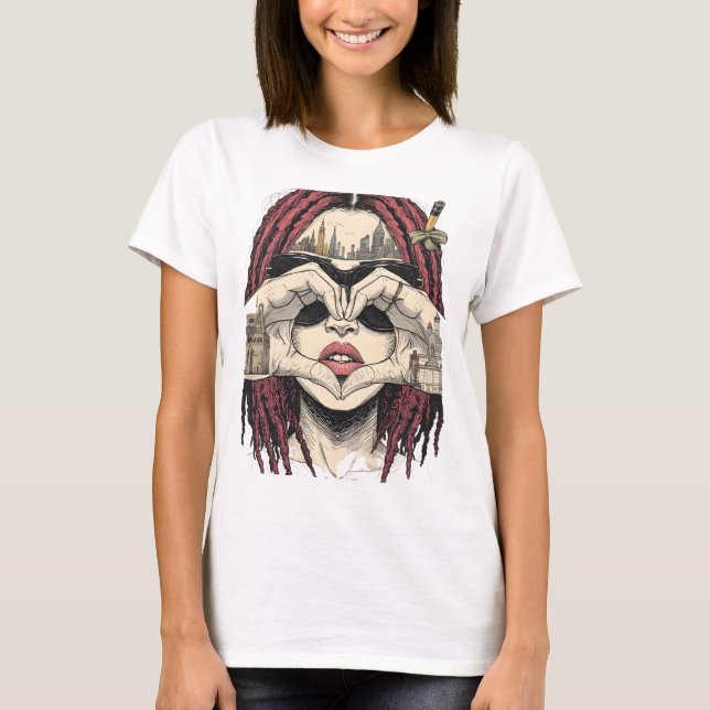 Urban Heart Vision: Pink Dreads, City Skyline, and T-Shirt (Front)
