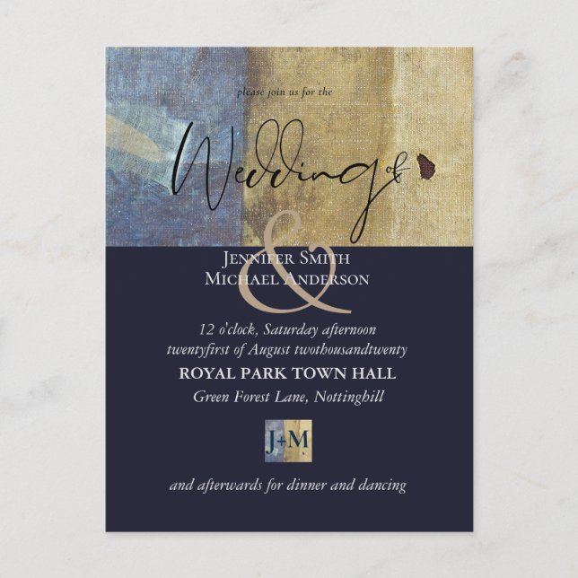 Urban Navy Blue Modern Budget Wedding Invitation Postcard (Front)