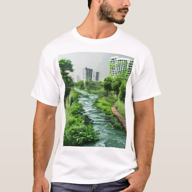 Urban Oasis: Harmony of Nature and Cityscape T-Shirt (Front)